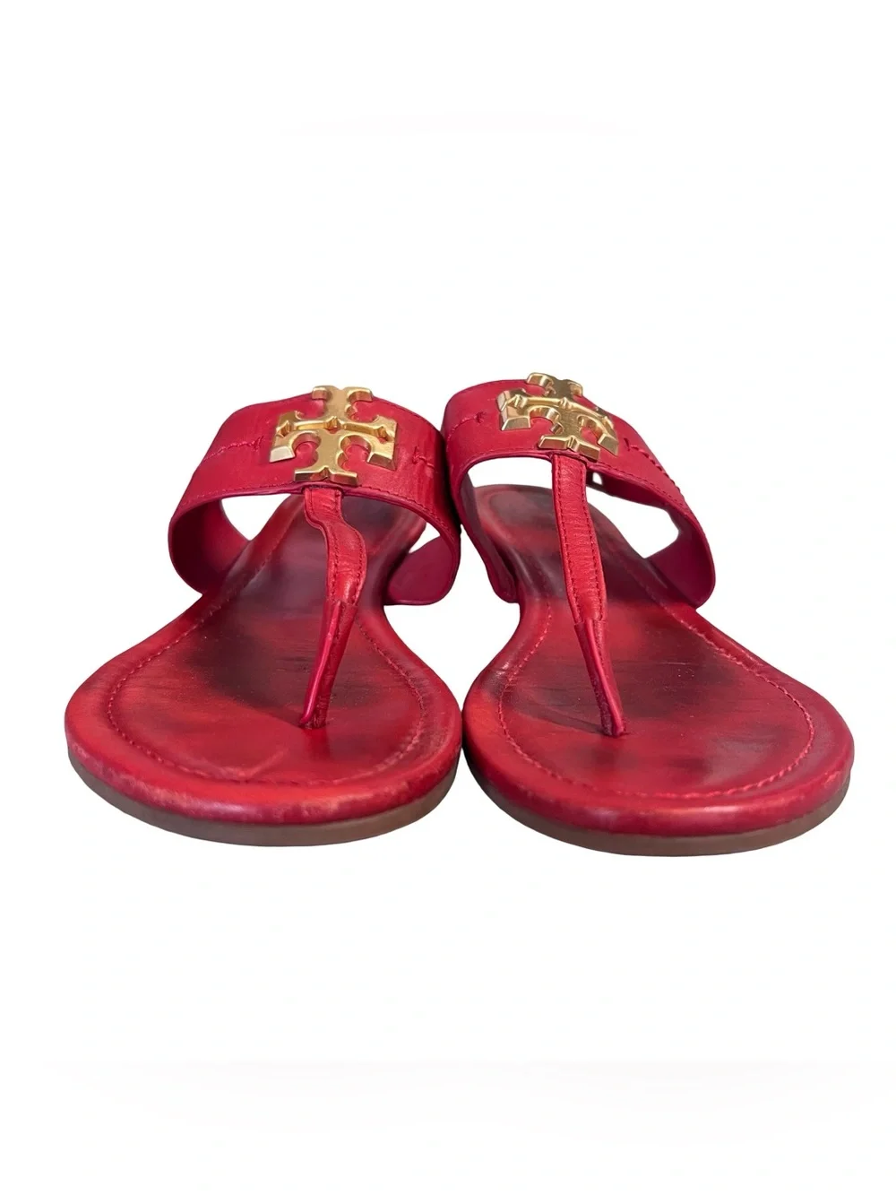 Tory Burch Women’s Sz 7.5 Red Leather Everly Sandals T-Strap Gold Logo